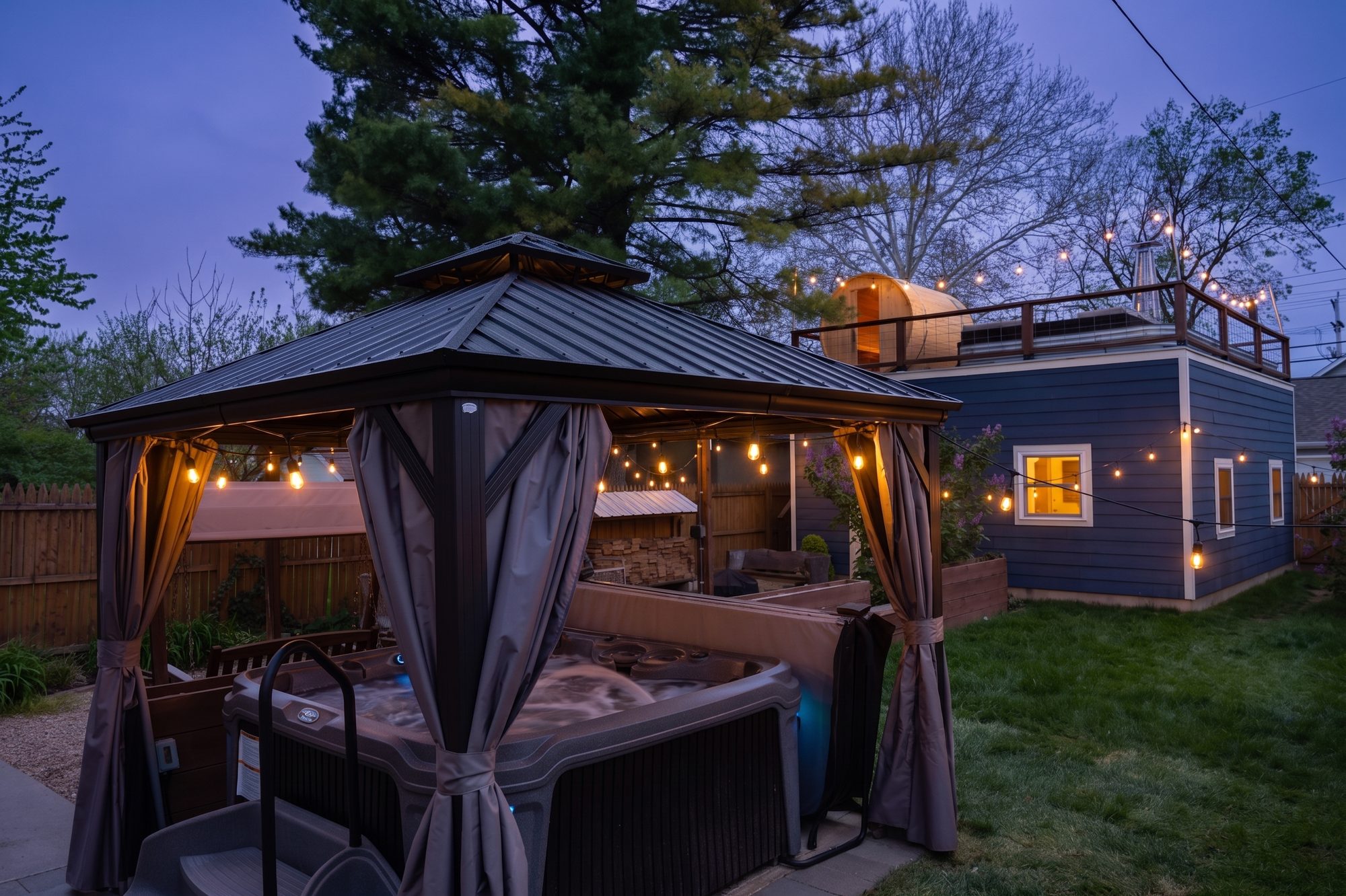 Backyard at dusk: hot tub gazebo under string lights, sauna on the roof behind