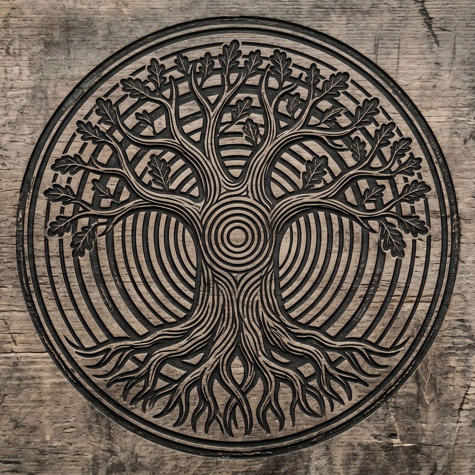 A tree with deep roots carved into weathered wood